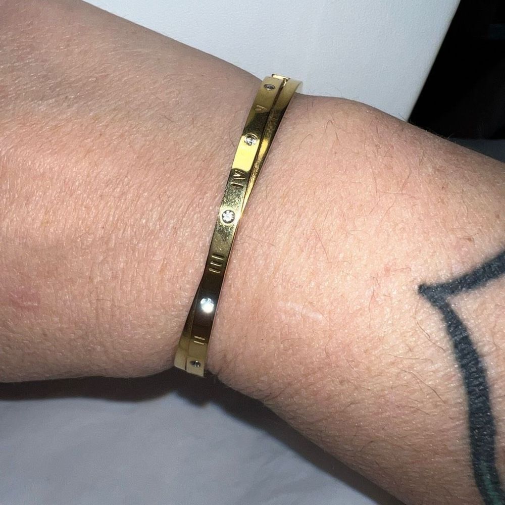 Gold Tone Roman Numerals and Crystal Bypass Bangle Bracelet - Picture 3 of 7